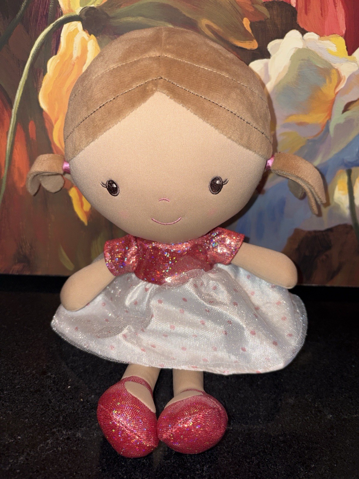 NWOT Plush Girl Doll Blonde Straight Hair Pigtails Light Complexion Black Eyes