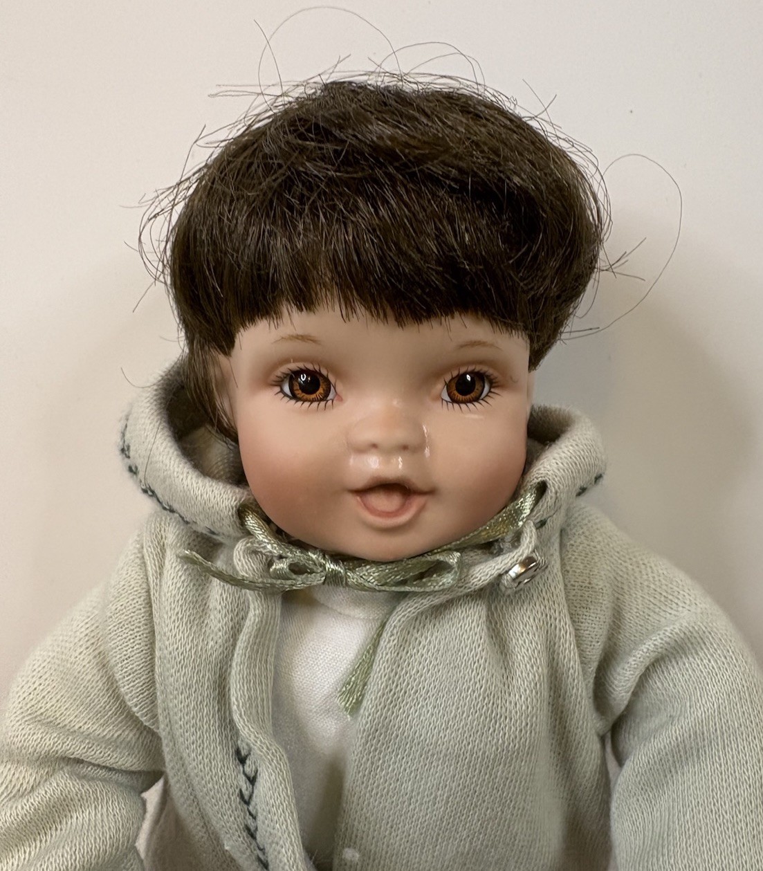 Ashton Drake 8” Boy Doll Bendable Limbs Dark Brown Hair Gray Coat Wrap