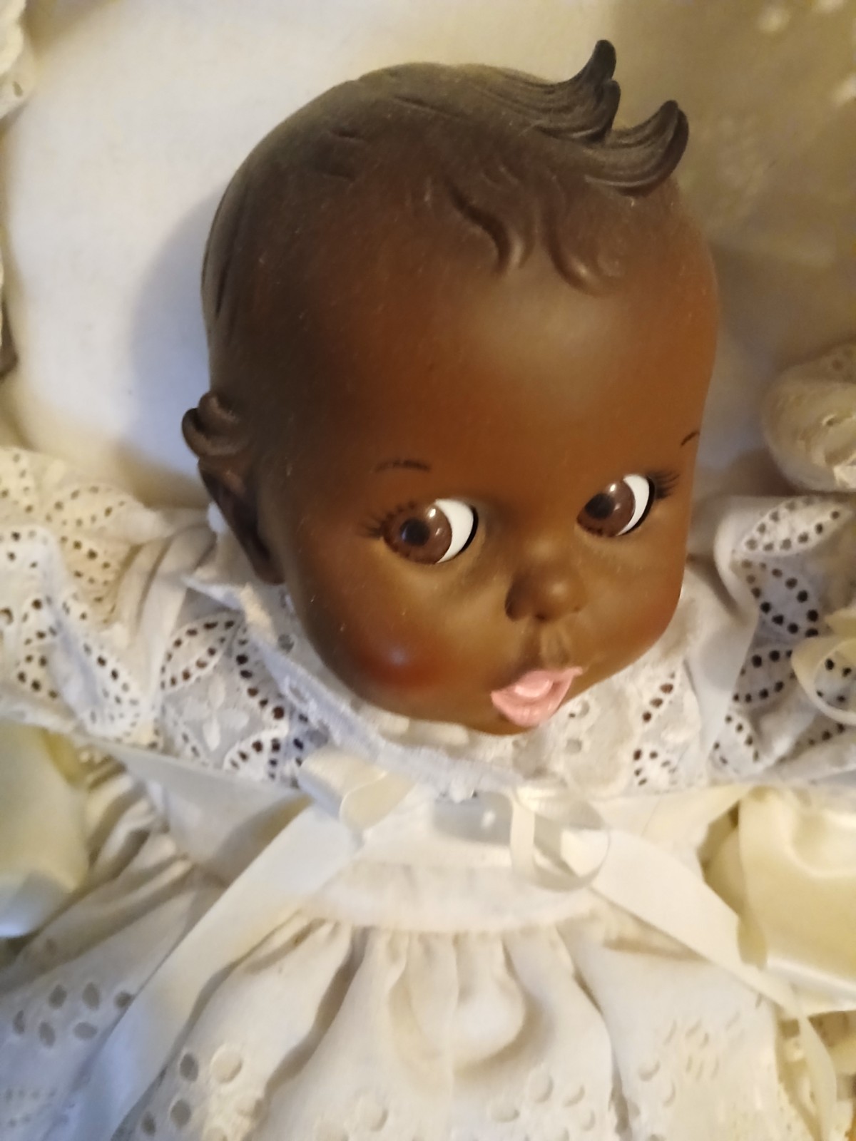 Baby Cloth Doll Medium Complexion Brown Hair White Lace Dress Outfit