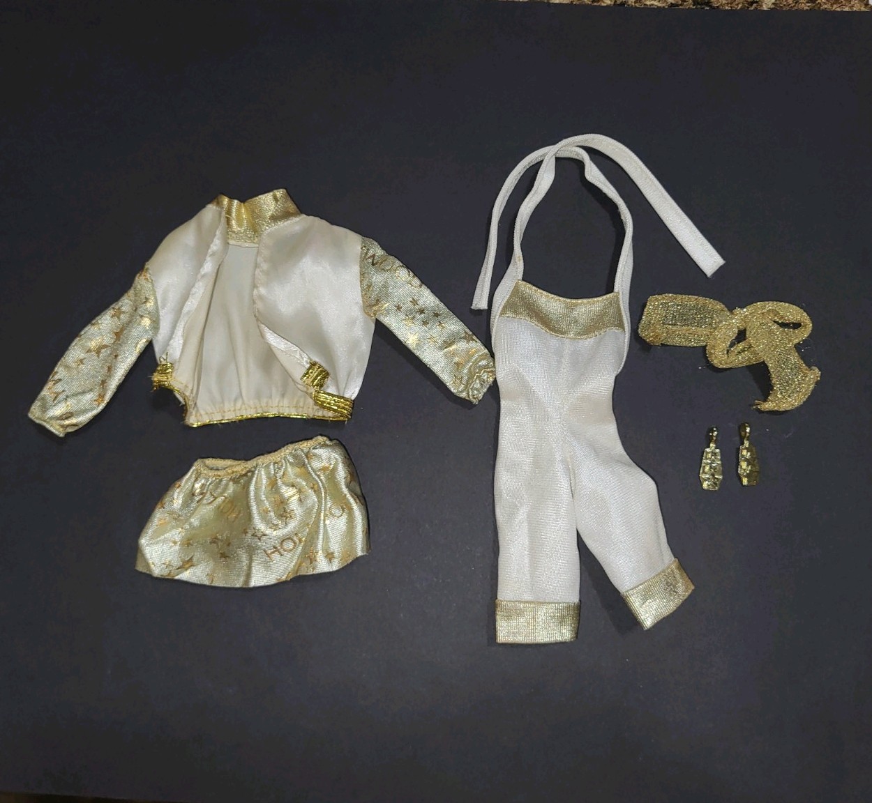 Vintage 1992 Hollywood Hair Barbie Doll White/Gold Clothing Lot Earrings Jacket