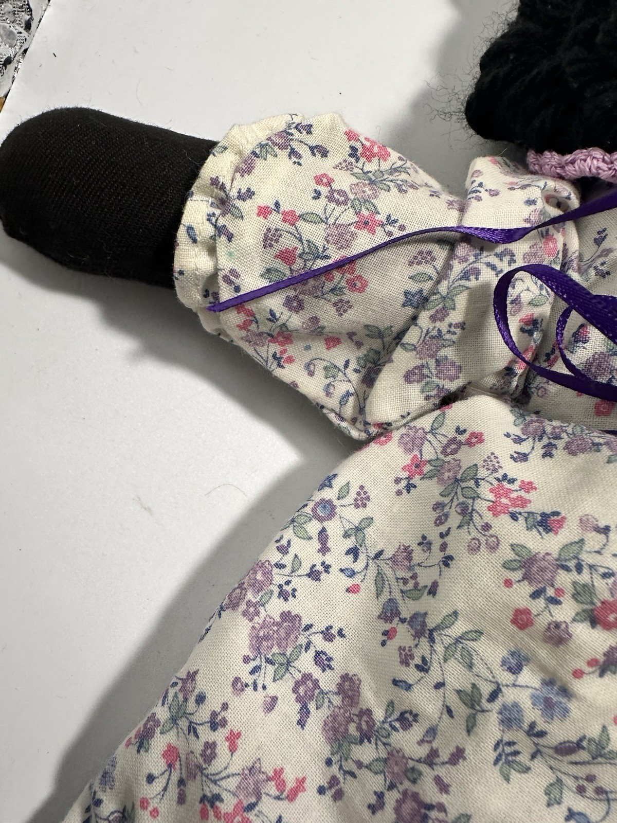 Vintage Handmade Black Cloth Rag Doll Yarn Hair Floral Dress Folk Art