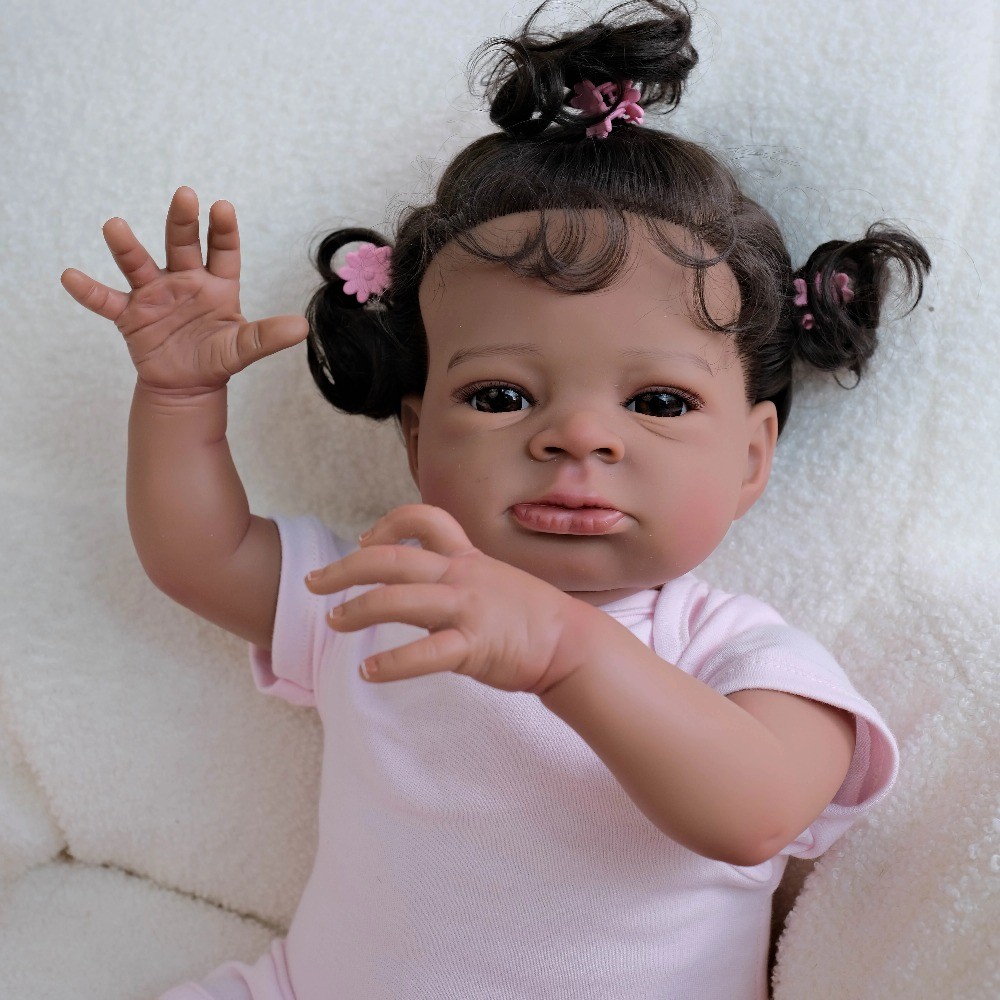 Lifelike 19″ Dark Skin Soft Cotton Body Reborn Cuddly Doll Rooted Hair Xmas Gift