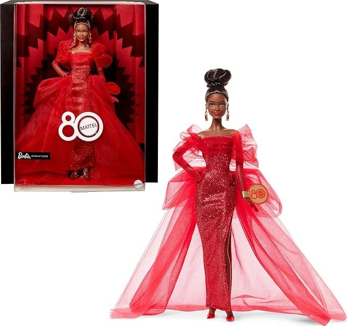 BARBIE Signature 80th Anniversary Doll Red Tulle Gown Brunette Collectible JBJ18