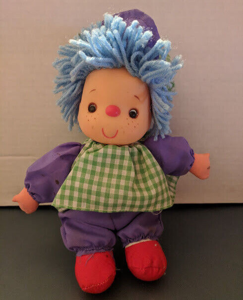 1980s Ice Cream Girl Doll – Purple & Green Outfit with Blue Yarn Hair – 8″ inch