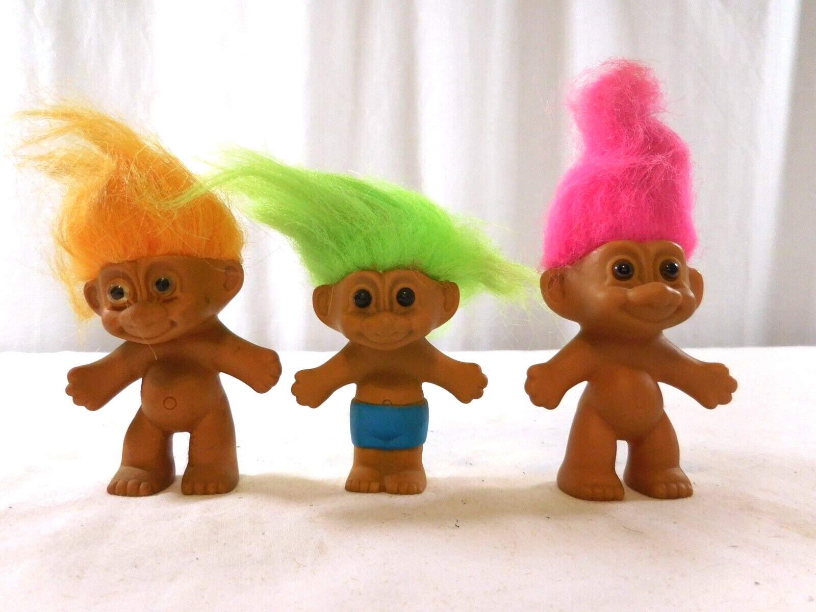 Mini Trolls Lot of 3 (2-Regular / 1-Pencil Topper) Green Orange Pink Hair VTG
