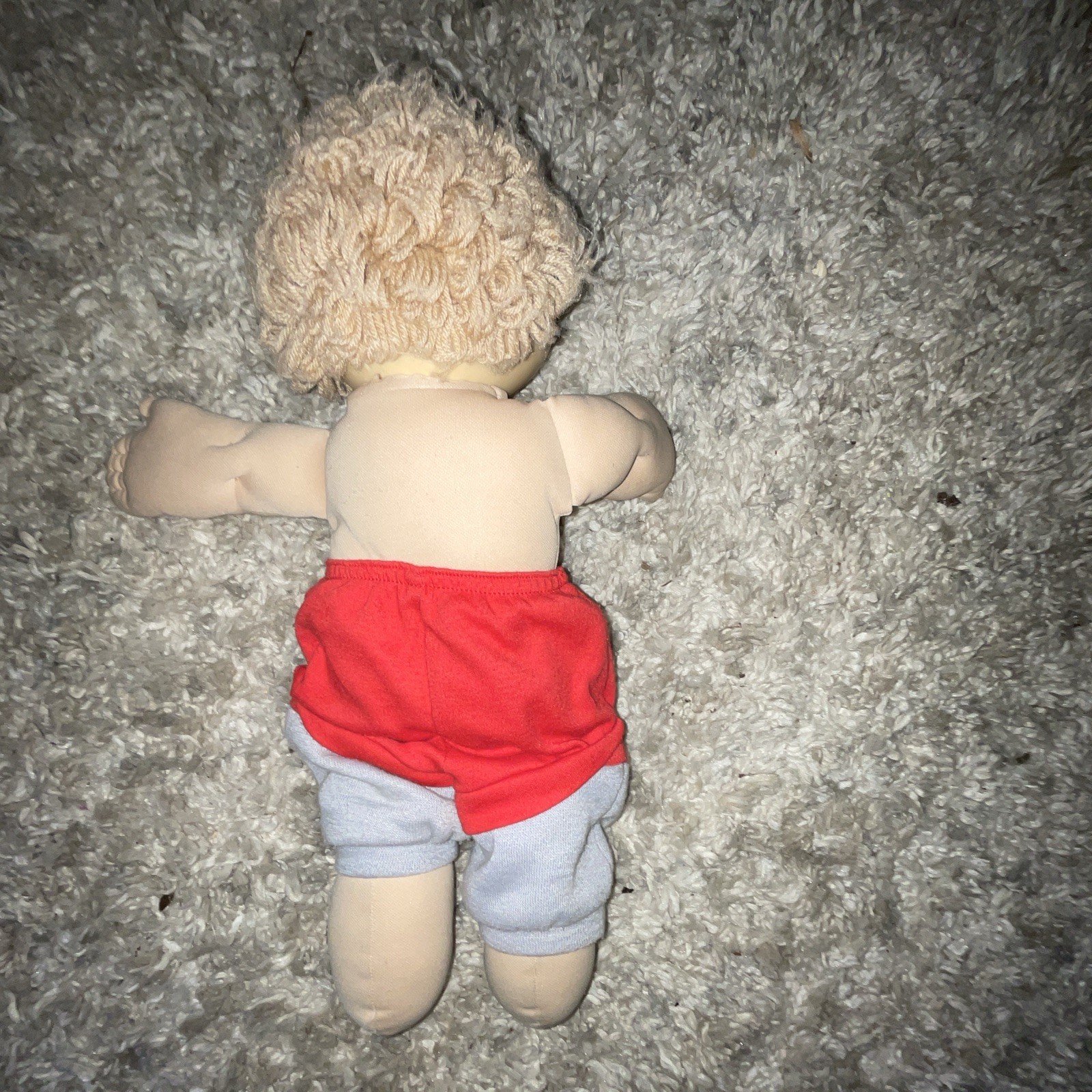 Cloth Play Doll Light Complexion Blonde Curly Hair Red & Gray Outfit