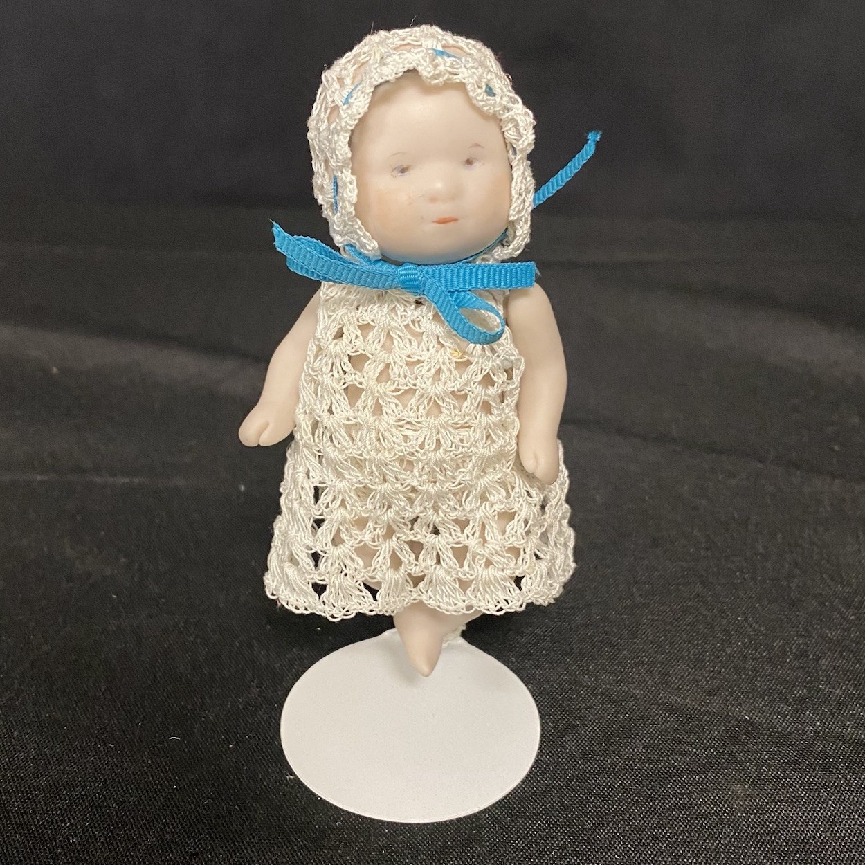 Bisque Porcelain Baby Doll Miniature Figurine Crochet Outfit & Hat w/Blue Hat
