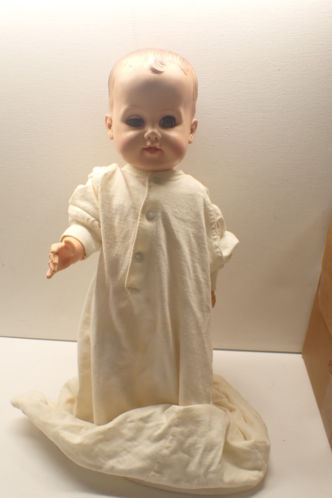 Vintage Eegee 18″ Boy Doll rubber Head Blue Sleep Eyes & Teeth Plastic Body