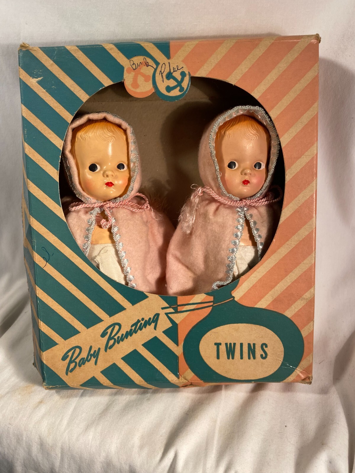 Baby Bunting Twins RARE All Plastic Dolls 6 3/4″ Tall Original Box HARD TO FIND