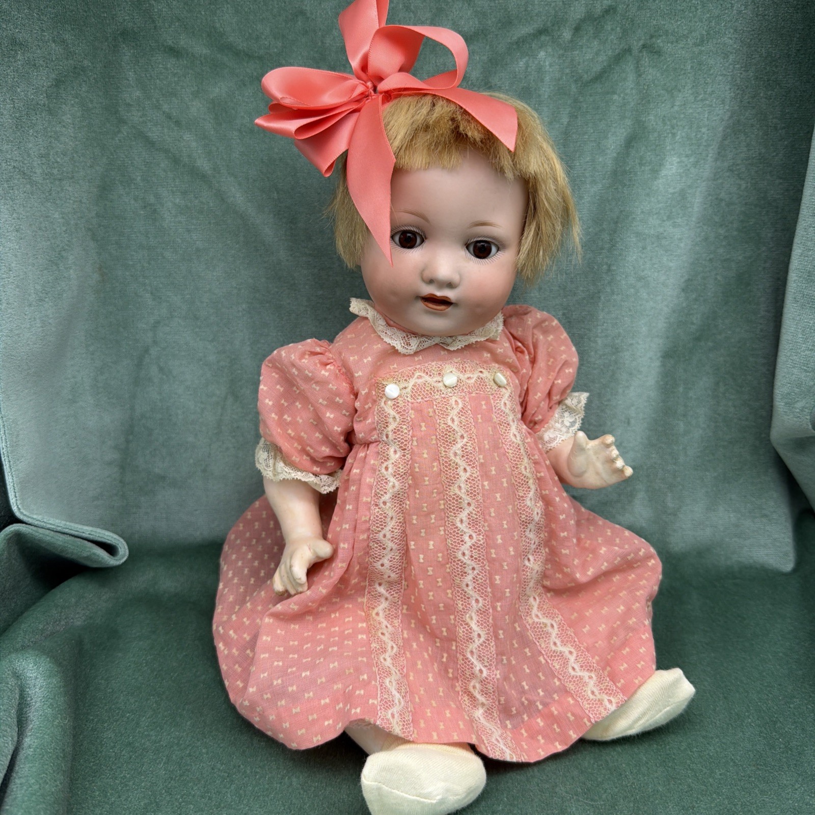 Antique 16″ Armand Marseille 985 Bent Leg Happy Character Bisque Doll Human Hair
