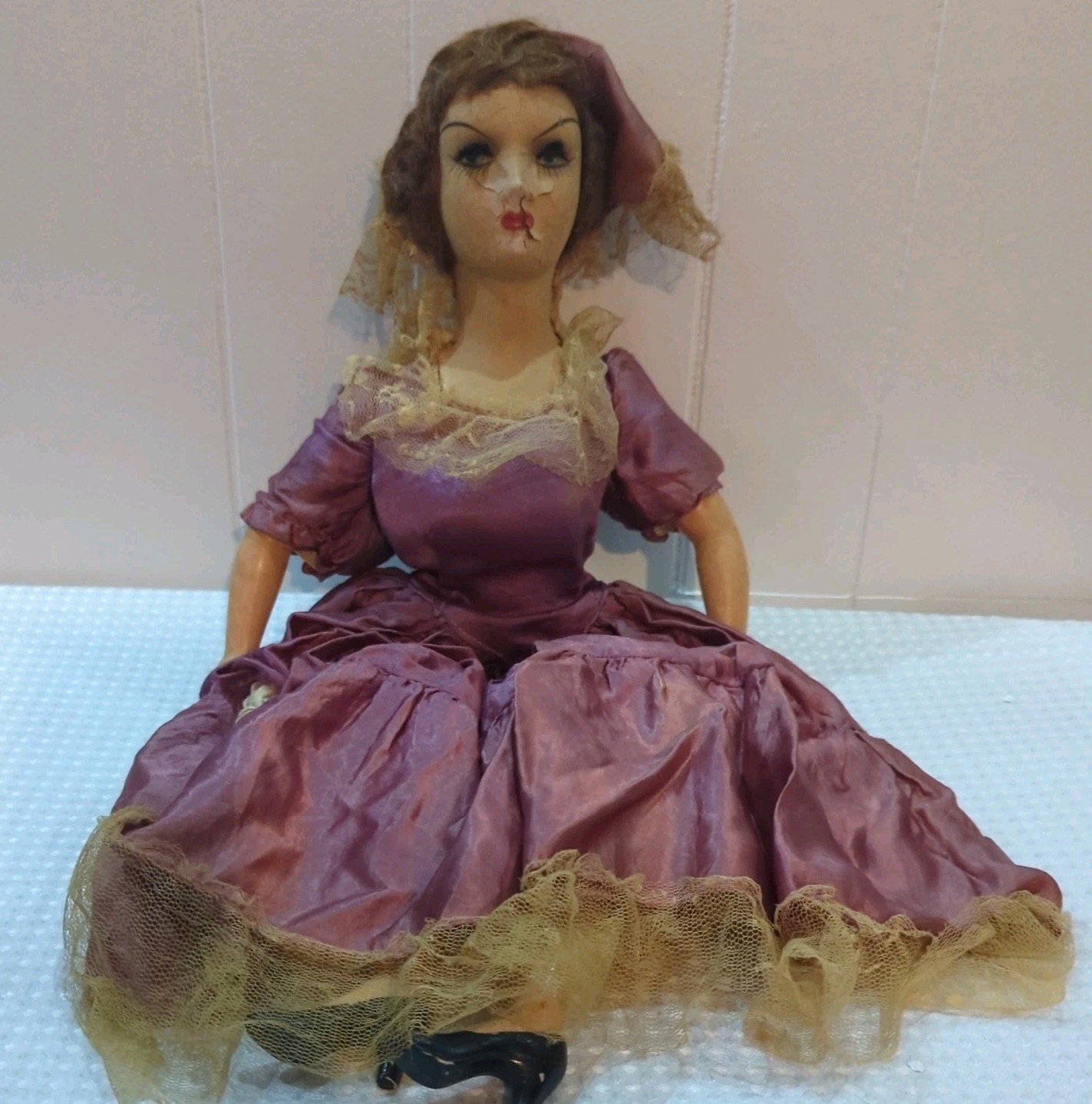 Antique 25” Boudoir Bedroom Doll Brown Hair Blue Eyes Cloth and Composite