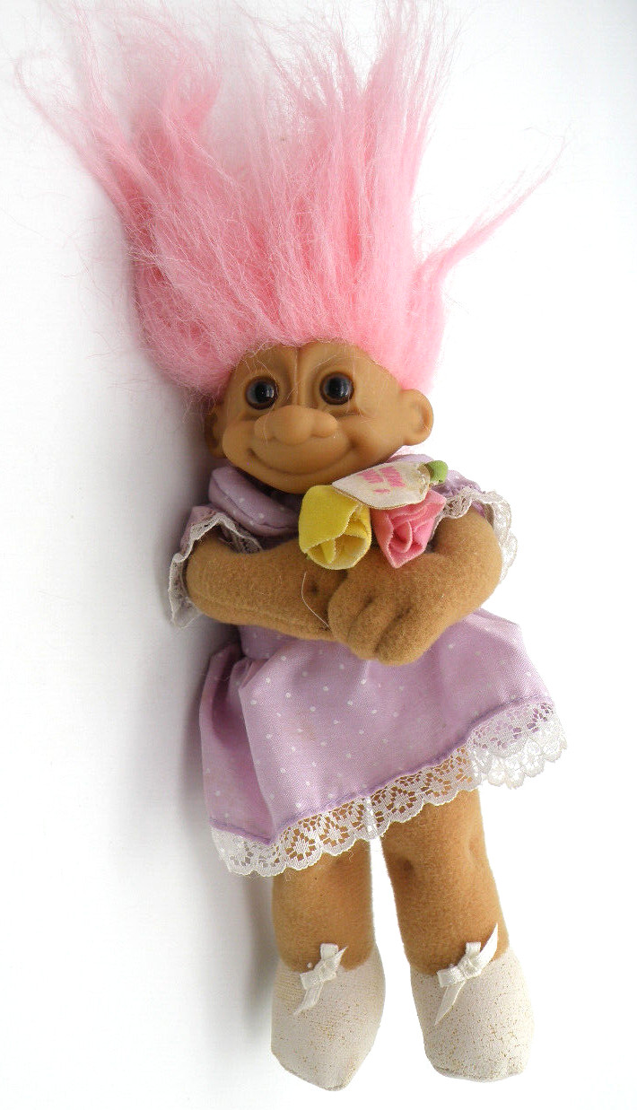 Vintage RUSS I LOVE MOM Troll doll 7″ w/ bouquet Brown Eyes Pink Hair #2290