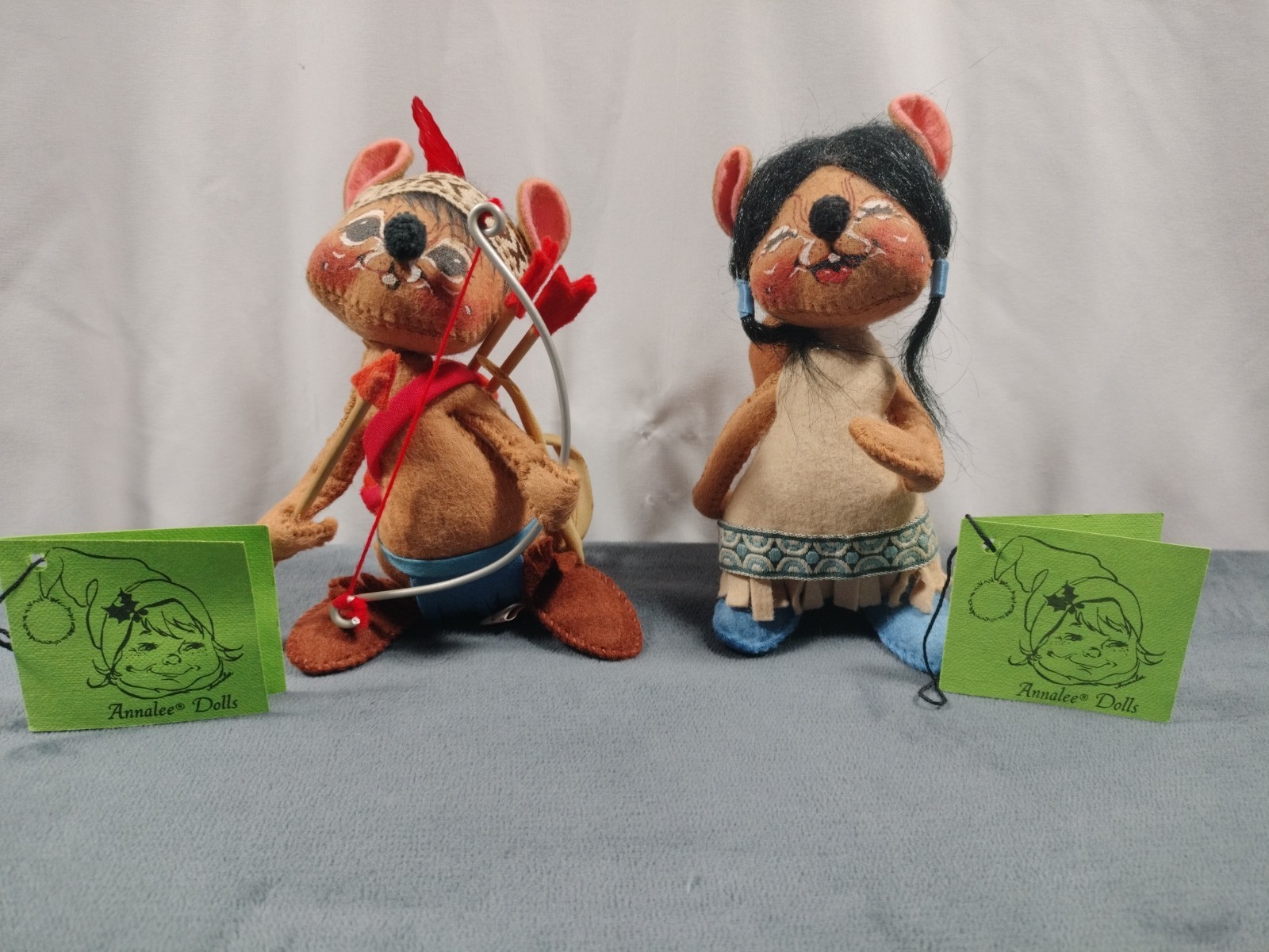 1984 Native American Indian Mouse Bow Arrow Papoose 7″ Annalee Doll LOT of 2
