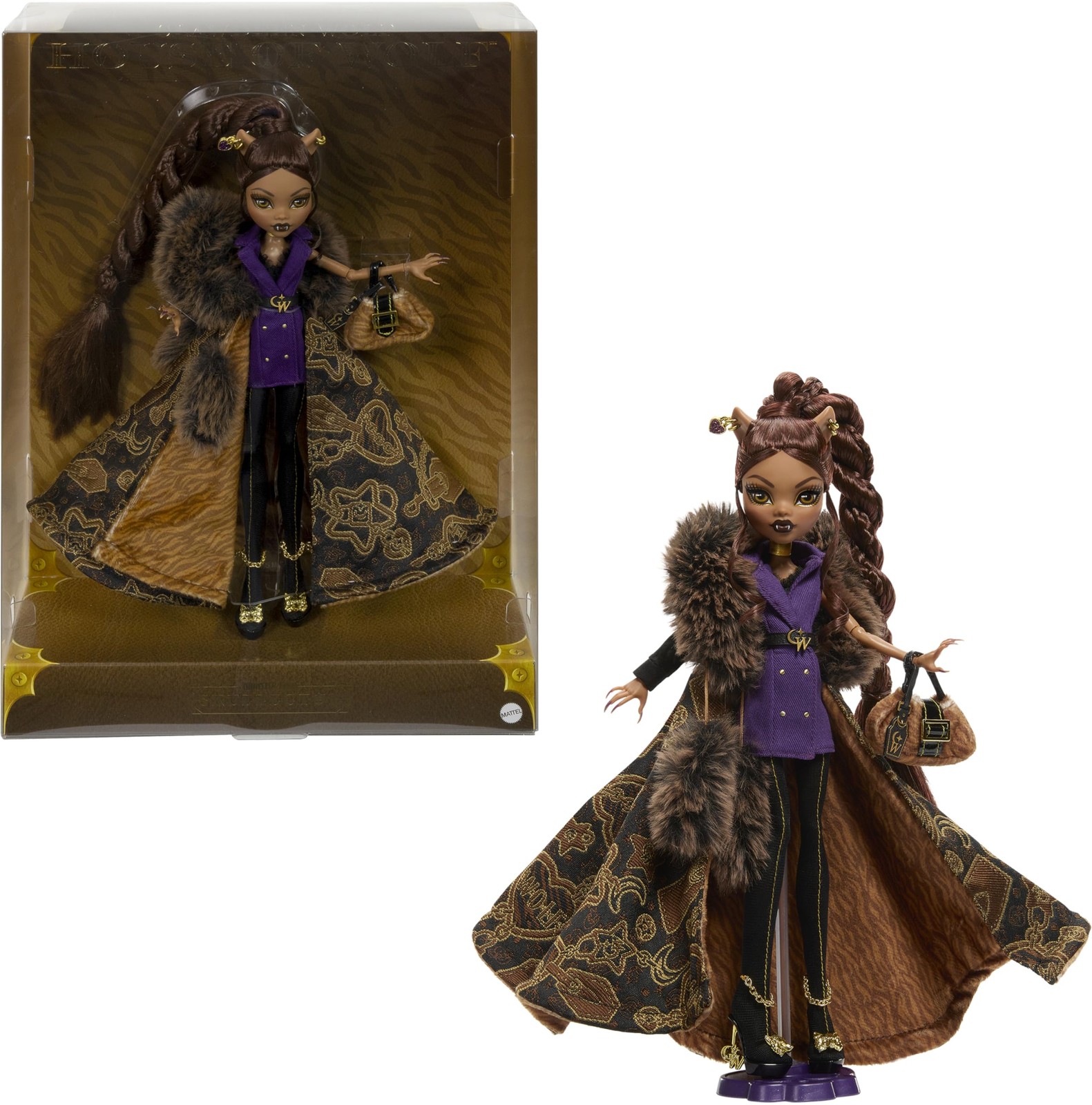 Doll, Clawdeen Wolf House of Wolf Collectible with Faux Fur Jacquard Coat, Pu…