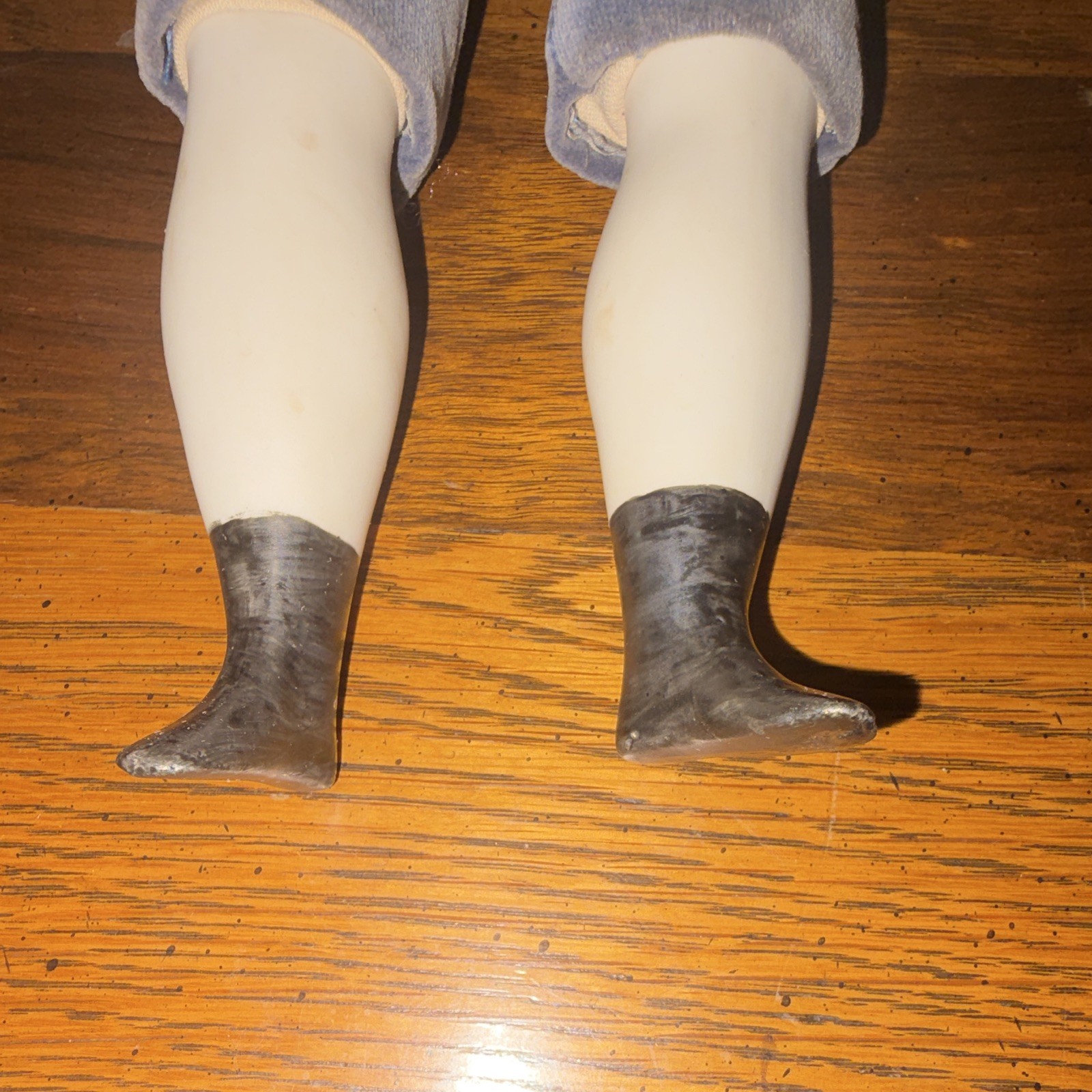 Porcelain Doll Light Complexion Brown Curly Hair White Shirt Blue Pants Boots