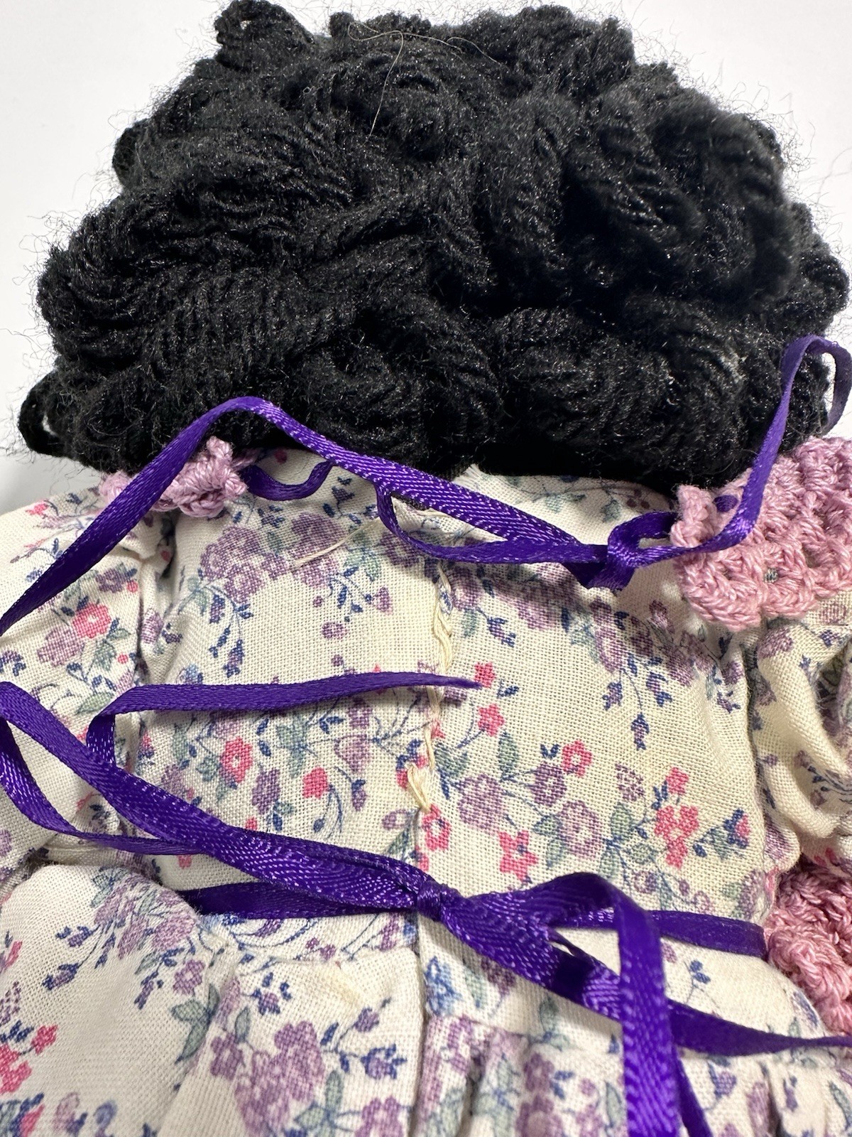 Vintage Handmade Black Cloth Rag Doll Yarn Hair Floral Dress Folk Art