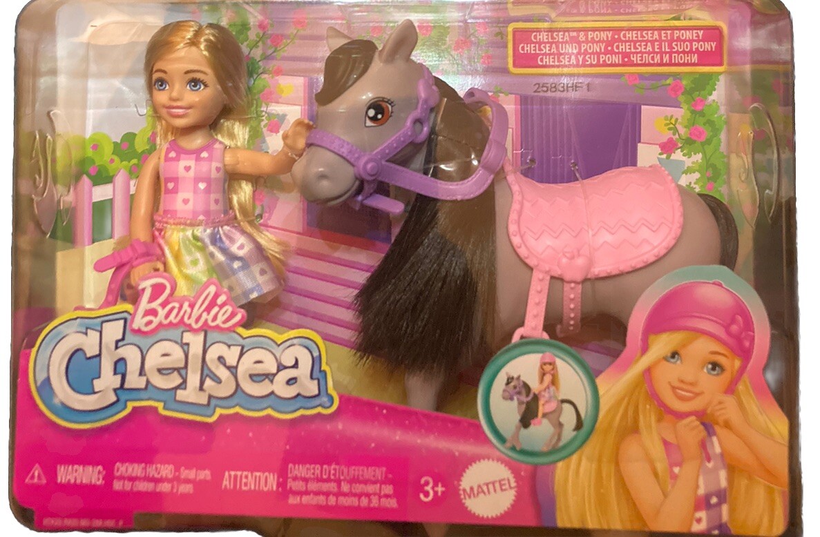 NIB Mattel Barbie ​Club Chelsea Doll and Gray Pony Horse 6″ Blonde Toy Set