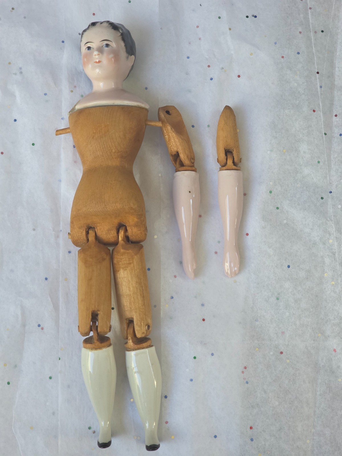 Antique German China head doll 9″5/8 tall wooden doll