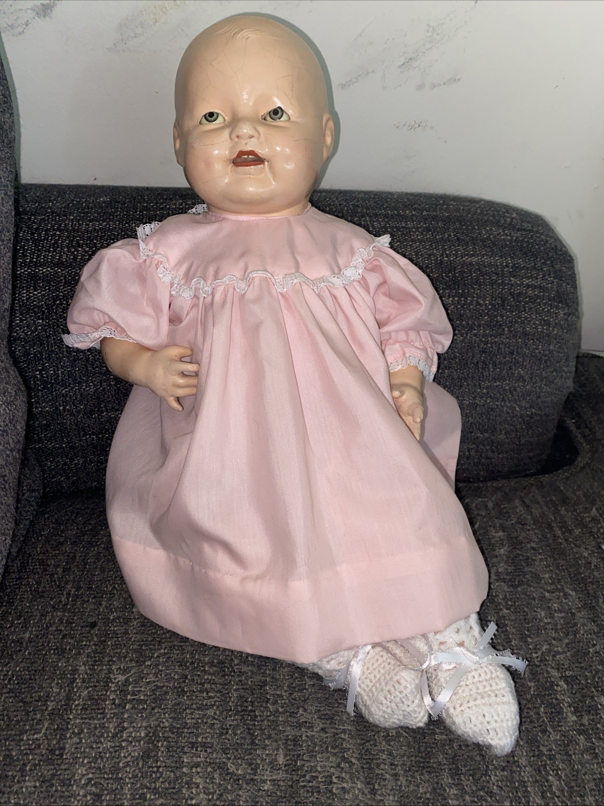 Antique 1920’s Horsman Composition “Baby Dimples” Doll 19″ HM Clothes See Pics