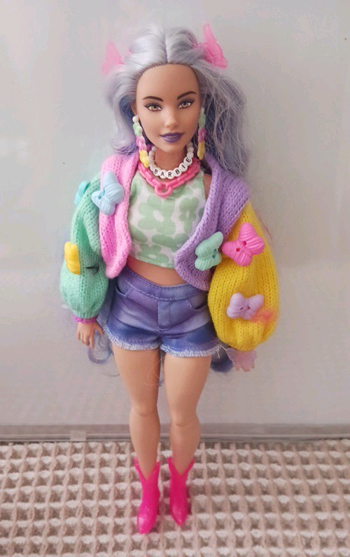 Barbie Extra Doll with Wavy Lavender Hair Colorful Chunky Knit Sweater Curvy #4
