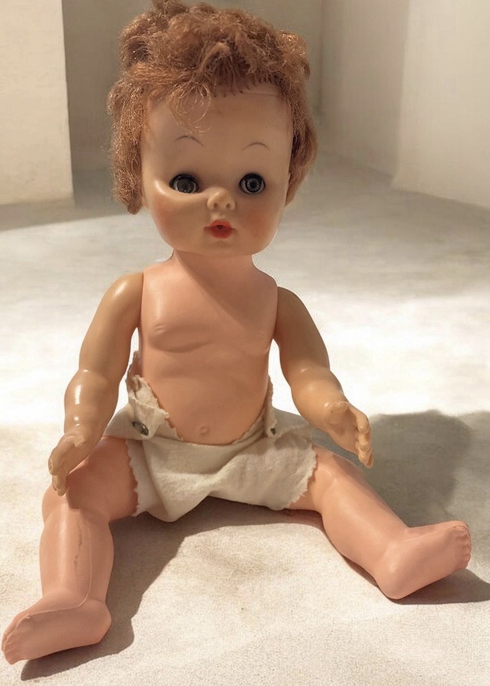 Vintage 50/60s Drink & Wet Doll 12” Rooted Ginger Hair Original Cloth Diaper