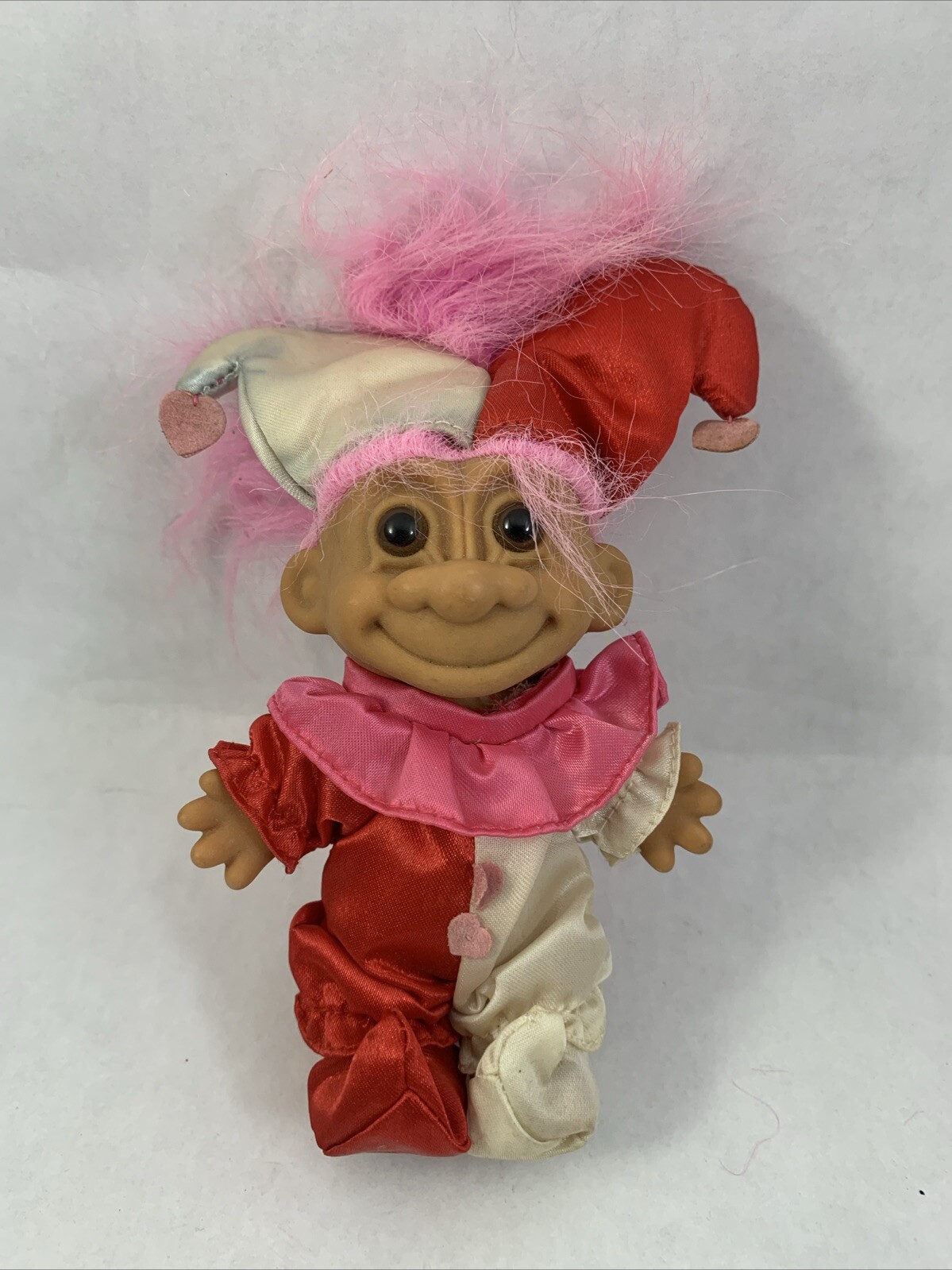 Jester Troll Doll Red & White Suit Vintage Russ 5 inch Figure Pink Hair