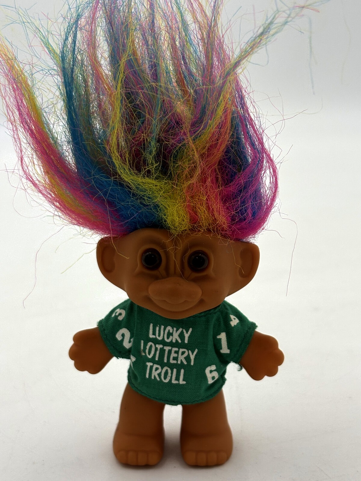 Vintage Russ Lucky Lottery Troll Doll 3″ Rainbow Hair Green Shirt
