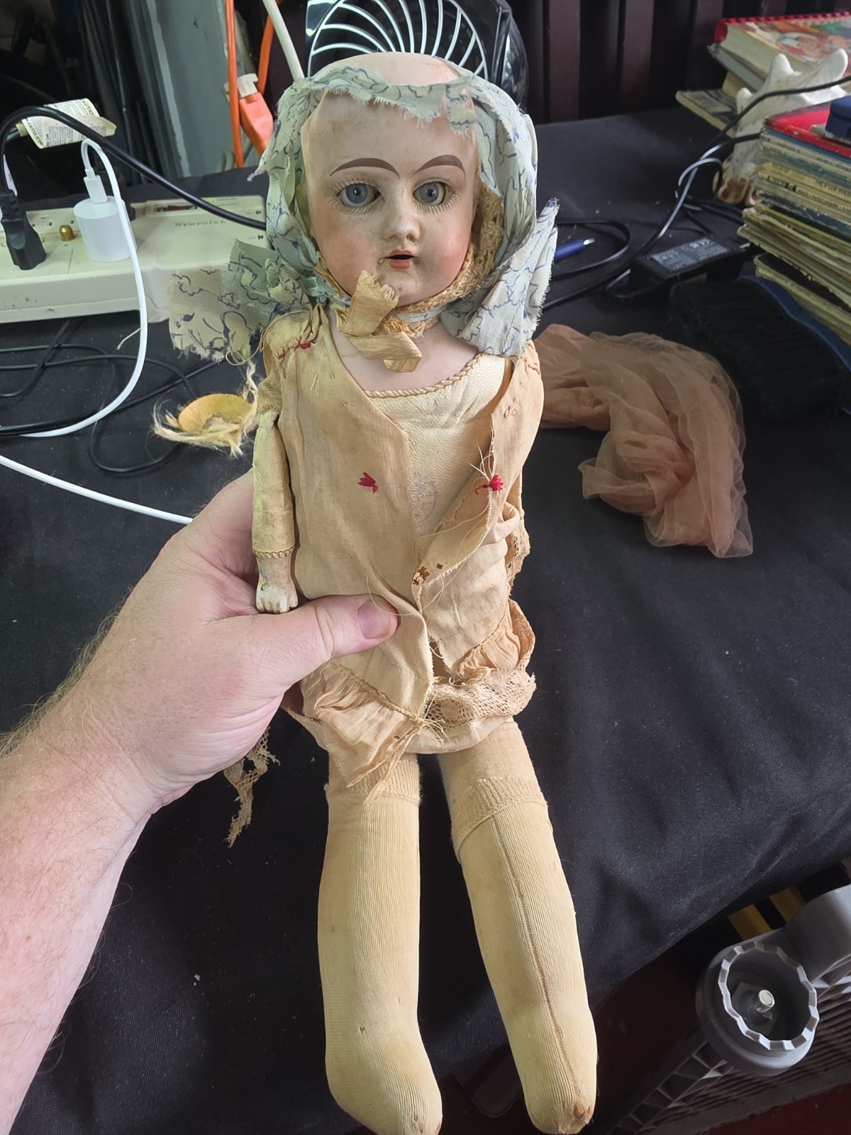 antique Bisque Head/arms/leather Body doll Marked DEP 154. 1 1/2” German 15″