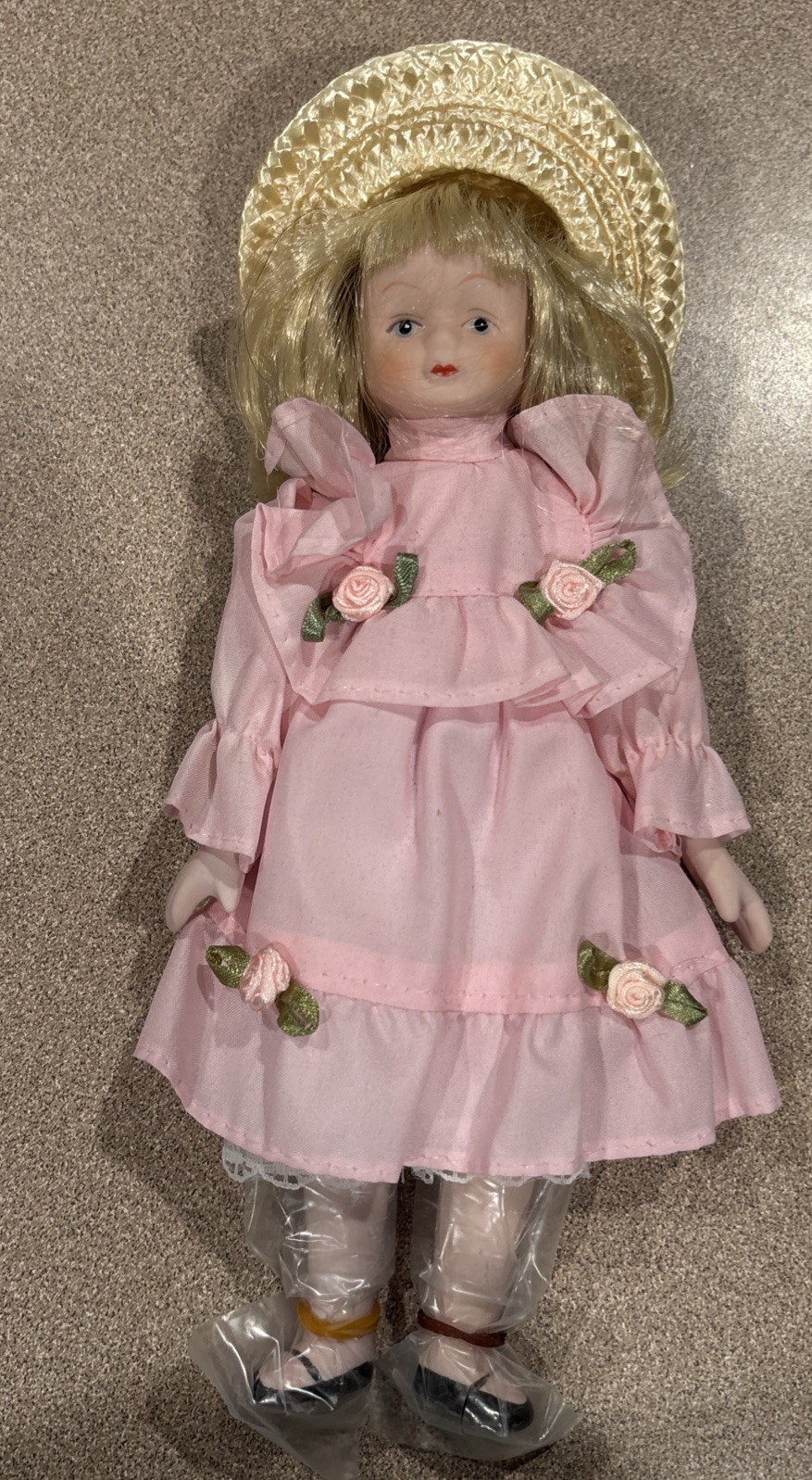 Two Identical Porcelain 8” Doll In Pink Dress And Straw Hat- Price For One.
