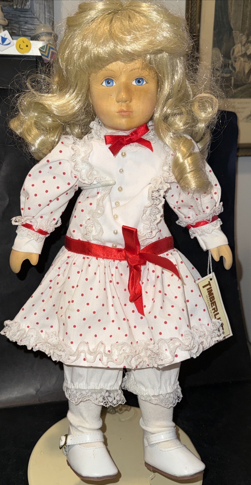Timberline Hand Carved Wooden Doll 15” Tall Blonde Hair Blue Eyes