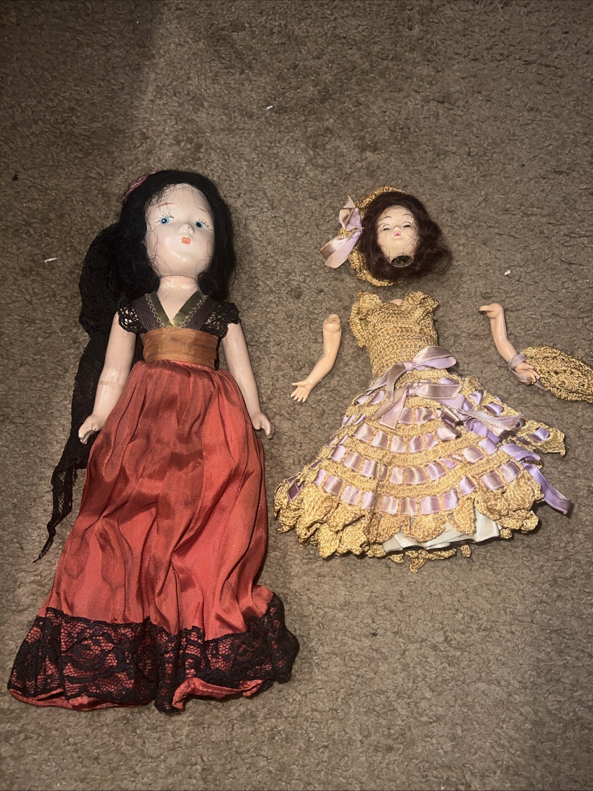 Vintage Lot of 2 Dolls Plastic Or Composition, Fully Clothed, Rare! Estate Find!
