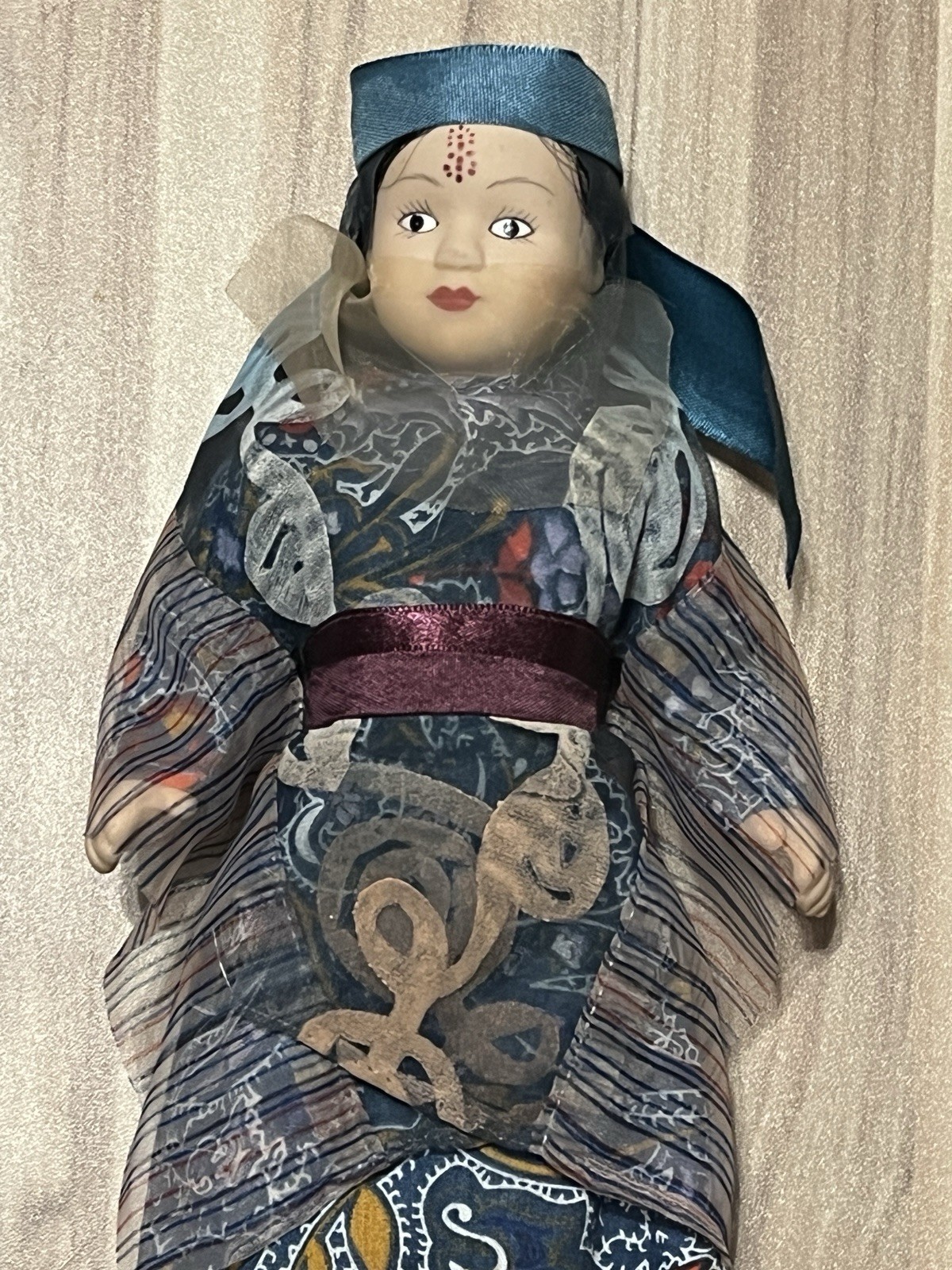 Handcrafted Doll with Blue and Red Outfit and Blue Dress