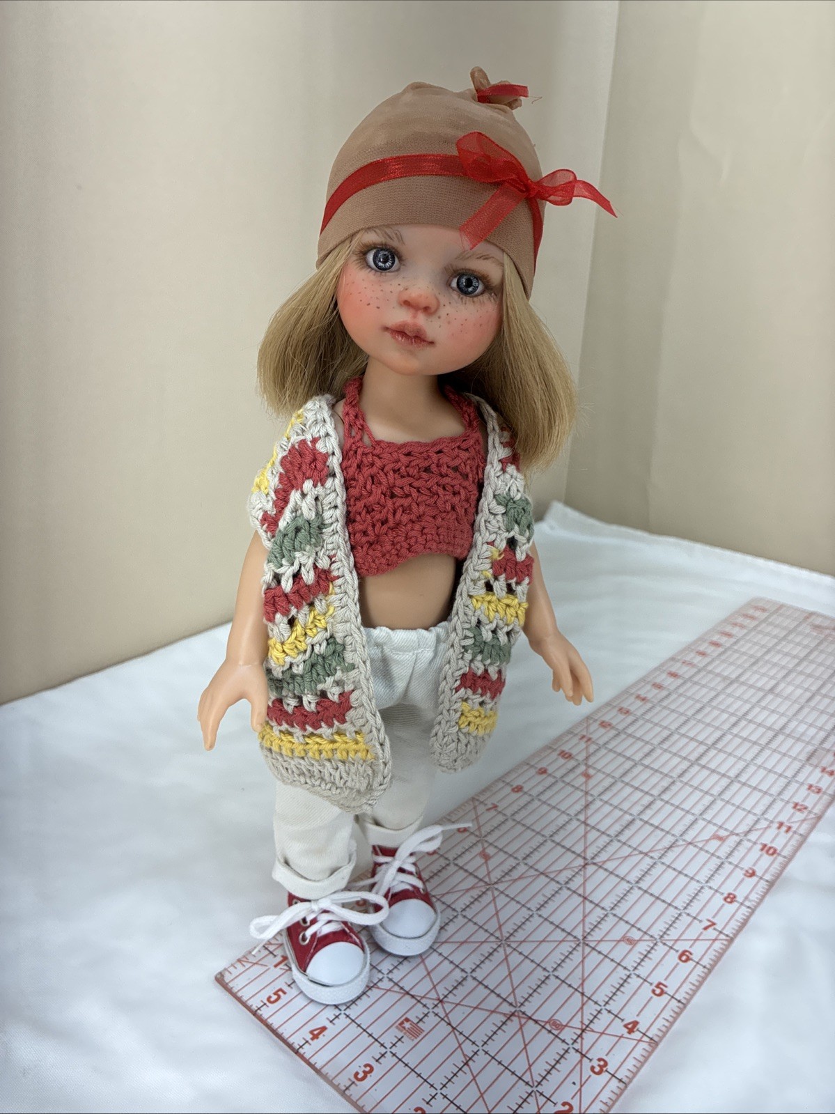 Paola Reina Las Amigas Carla OOAK Repainted Doll Blonde Blue Eyes Crocheted Top