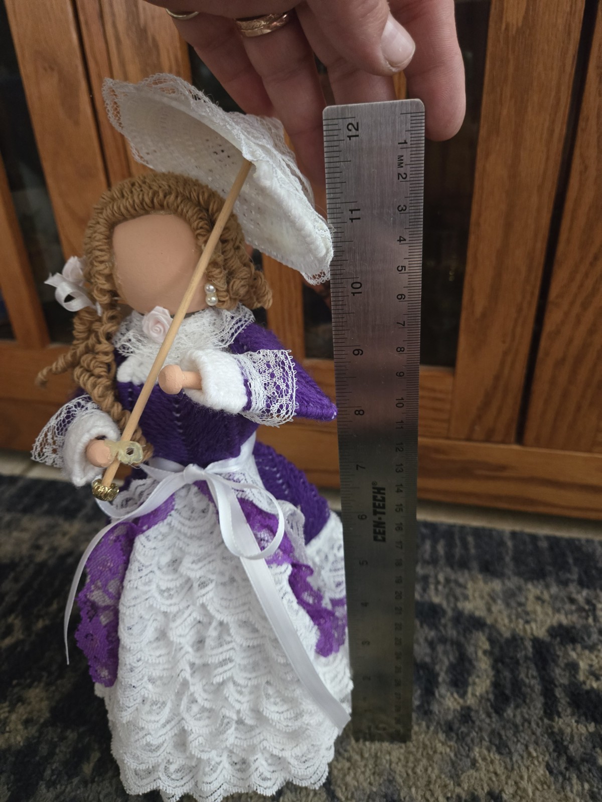 Plastic Canvas Needle Point Handmade Whimsy Victorian Doll W/Parasol Lace Wood