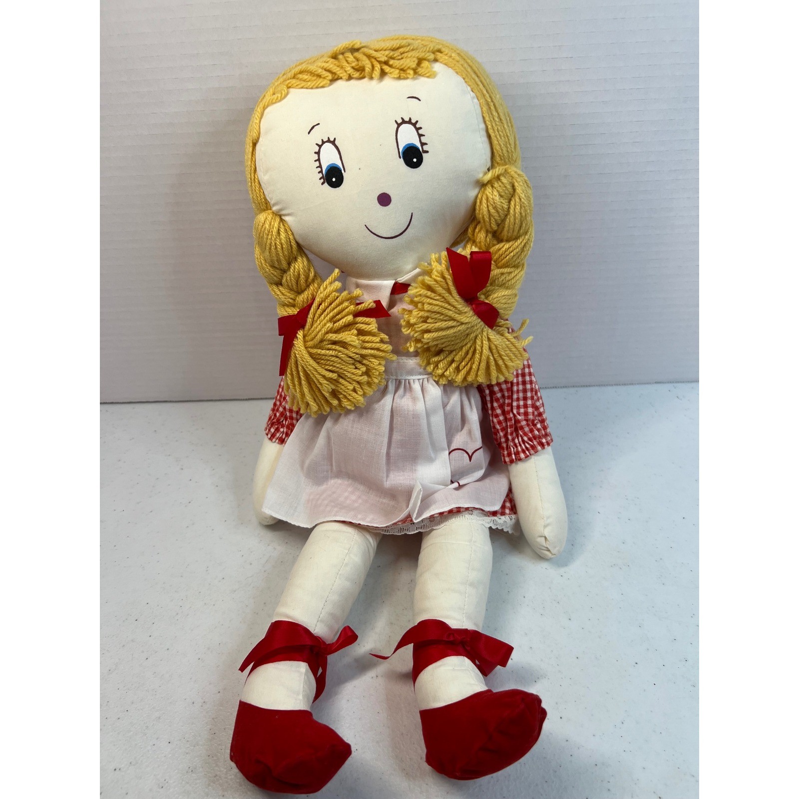 Vintage Style Rag Doll Yellow Yarn Hair Gingham Dress Red White 18 Inch Plush