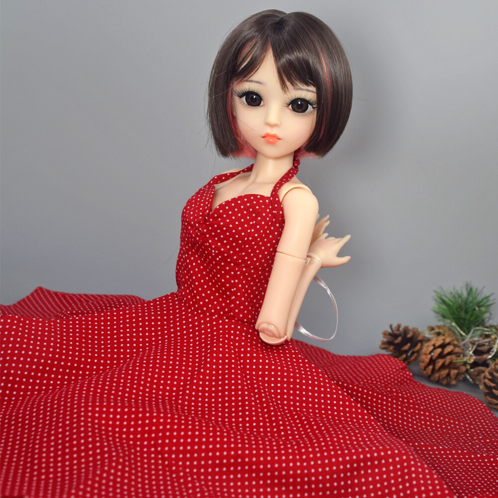 24 inch Cute Girl Doll w/ Long Dress Shoes Brown/Pink Short Hair Wigs BJD Toy