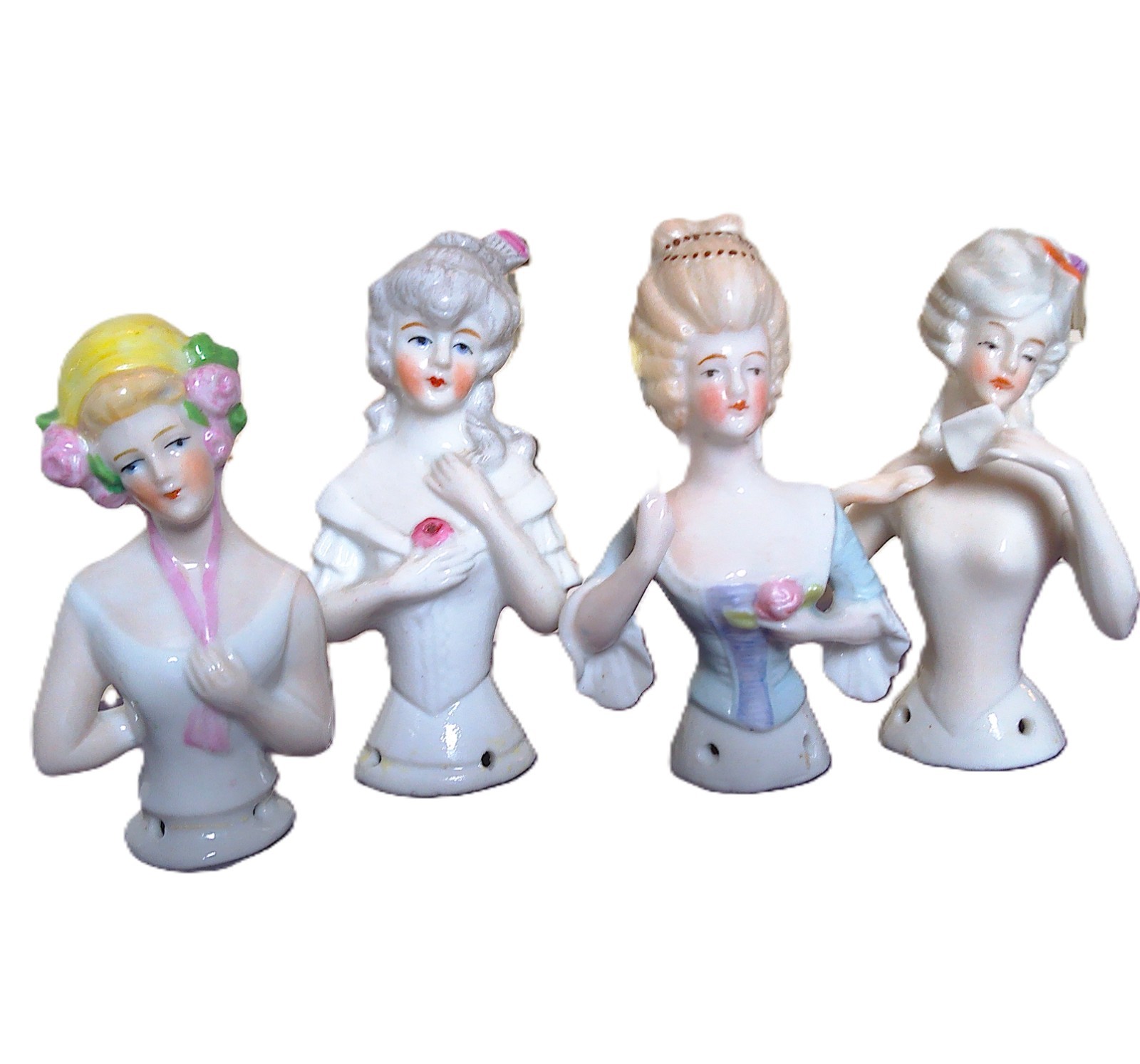 4 Antique German 1/2 Dolls Porcelain 3″-4″ Dresden Lady Style 2 w/Arm Away