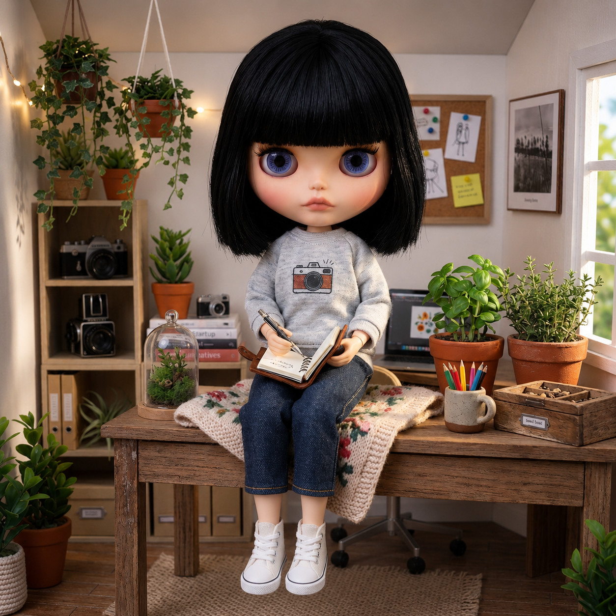 Neo Blythe Doll Black Hair Custom BJD Matte Face 1/6 Tan Skin Jointed Body OOAK