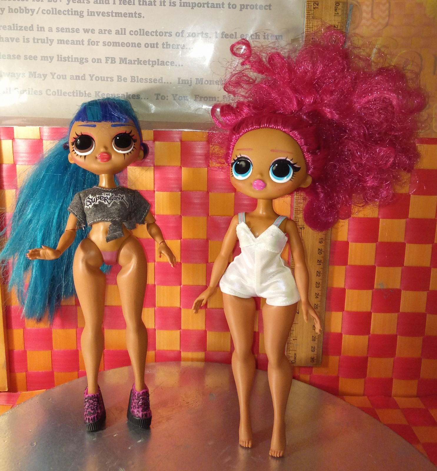 Dolls, OMG, Girl with blue hair and Girl in white outfit (UK), both 2019, 10″h b