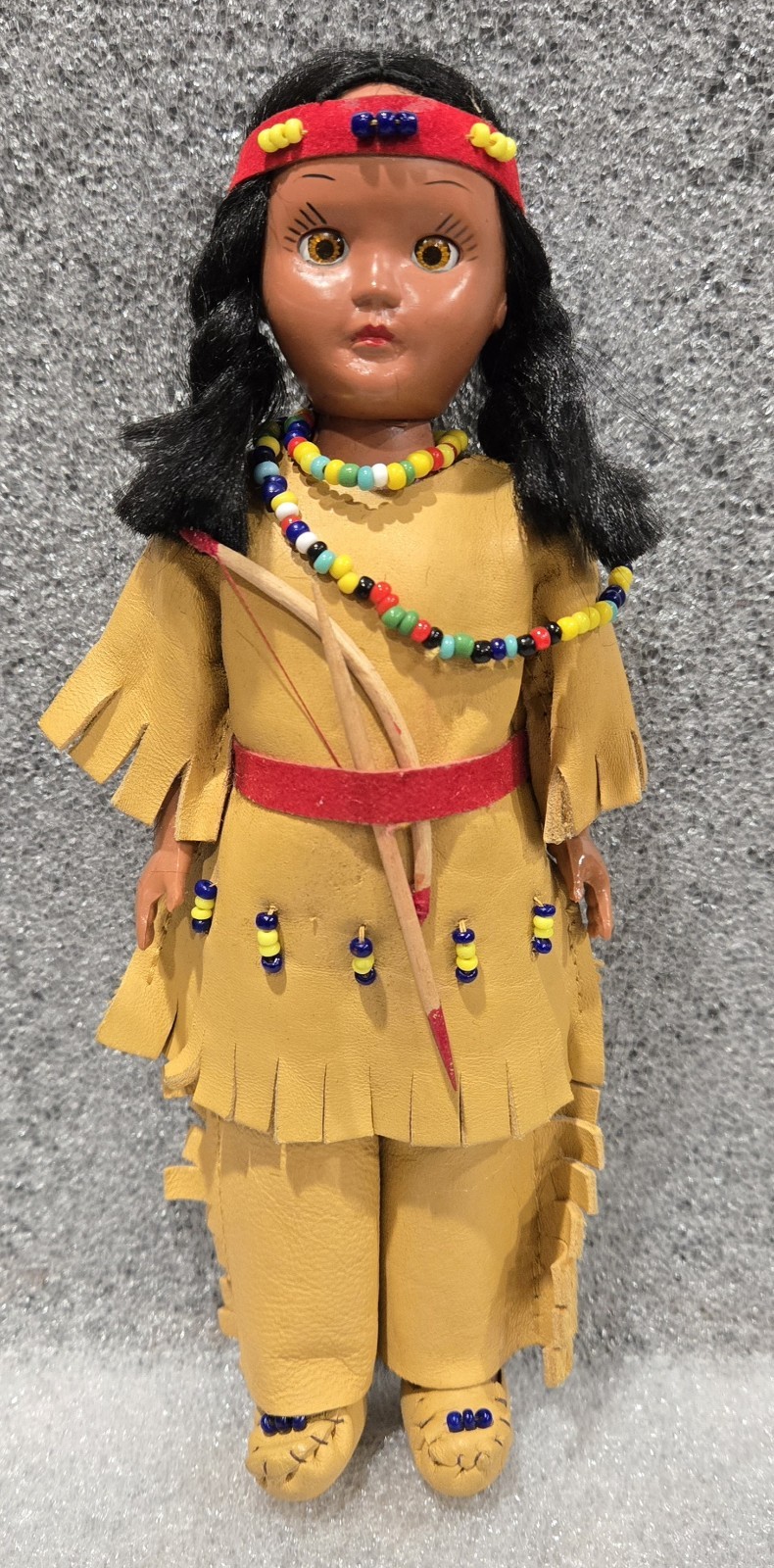 1950s CARLSON DOLLS Native American Doll Gold Eyes Leather Beaded Bow And Arrow