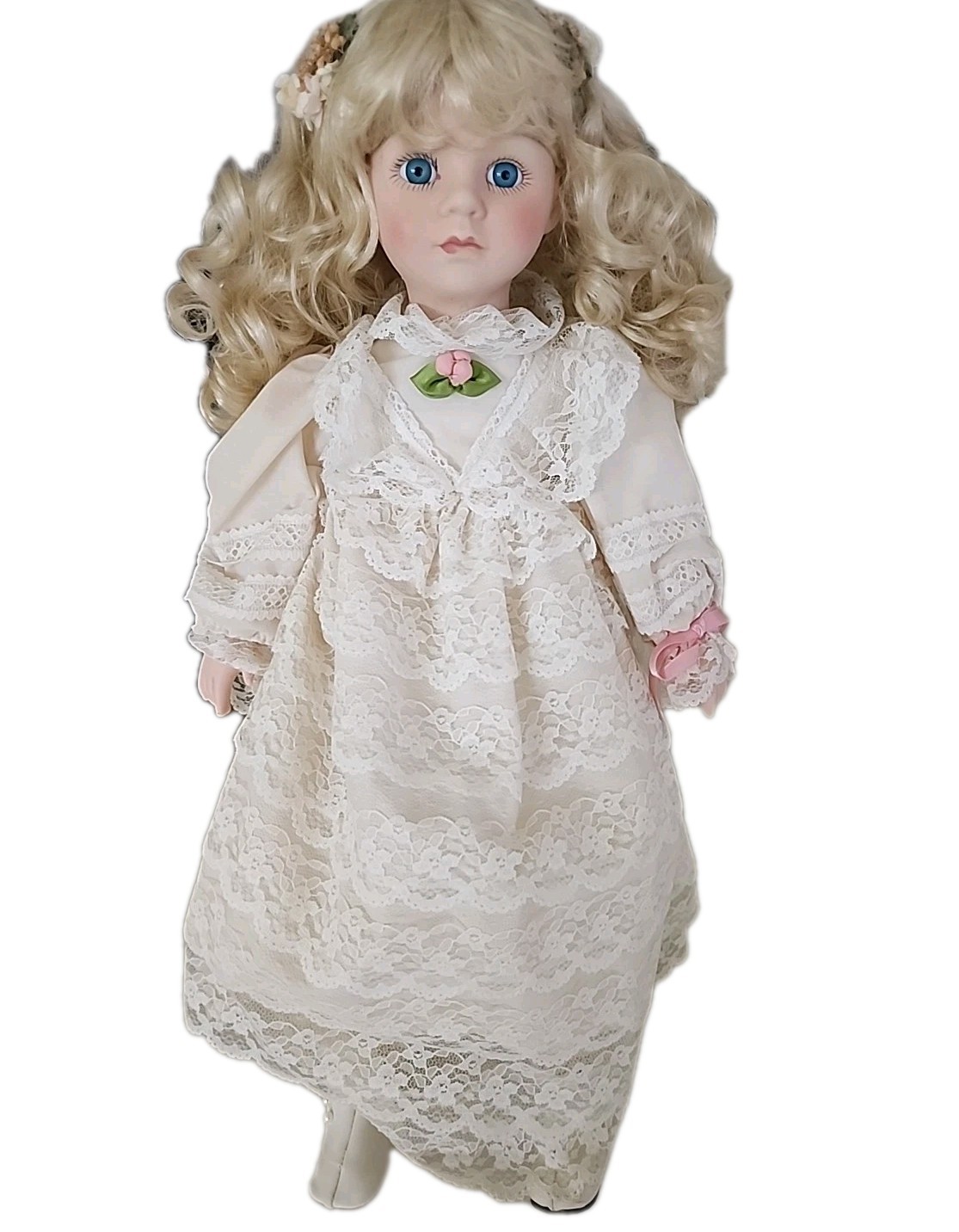 Vintage Seymour Mann Porcelain Doll Blonde Curly Hair Blue Eyes Ivory Lace Dress