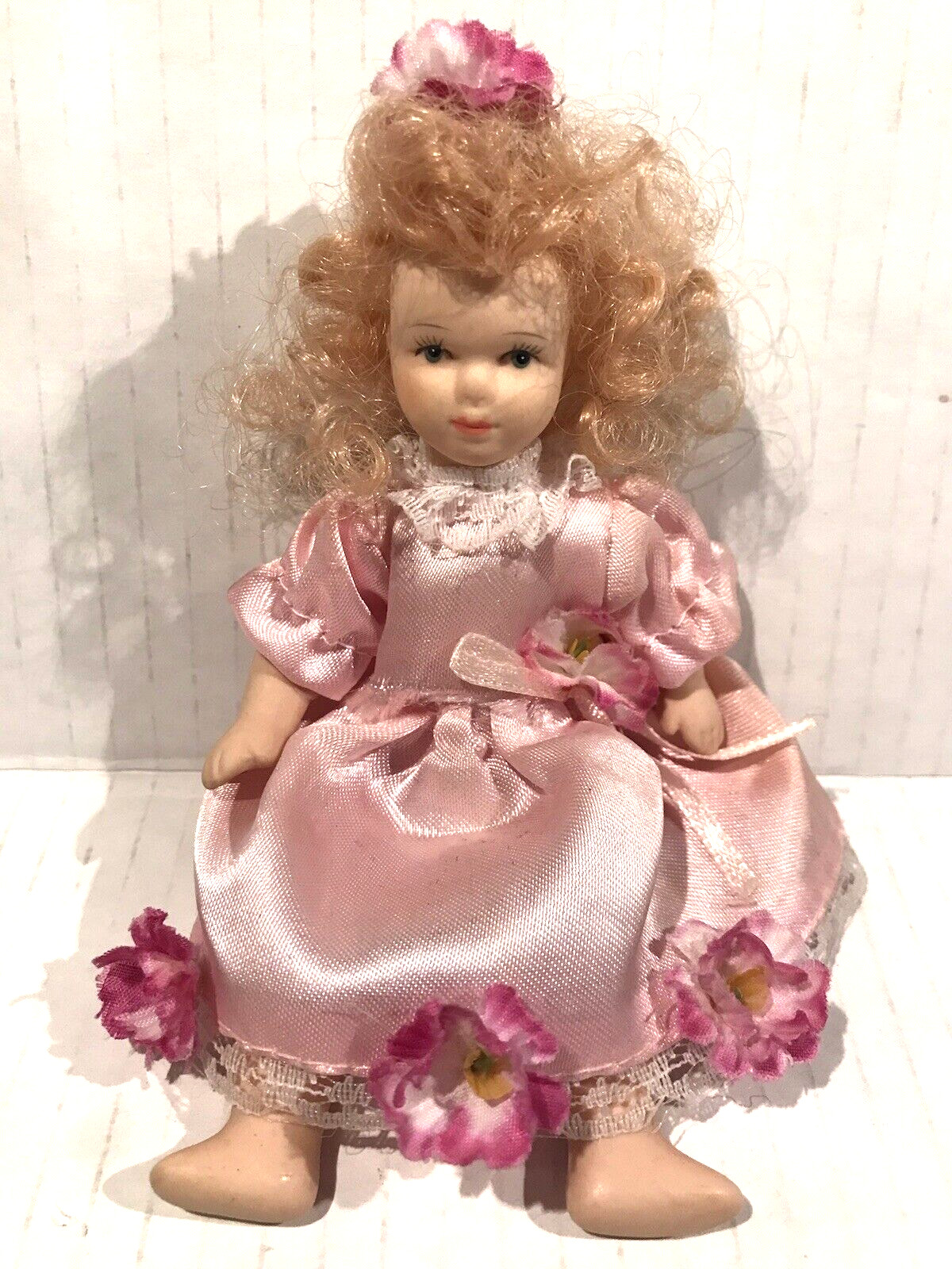 Porcelain Doll 6.5″-7″ With Light Red Curly Hair & Pink Dress with Flowers