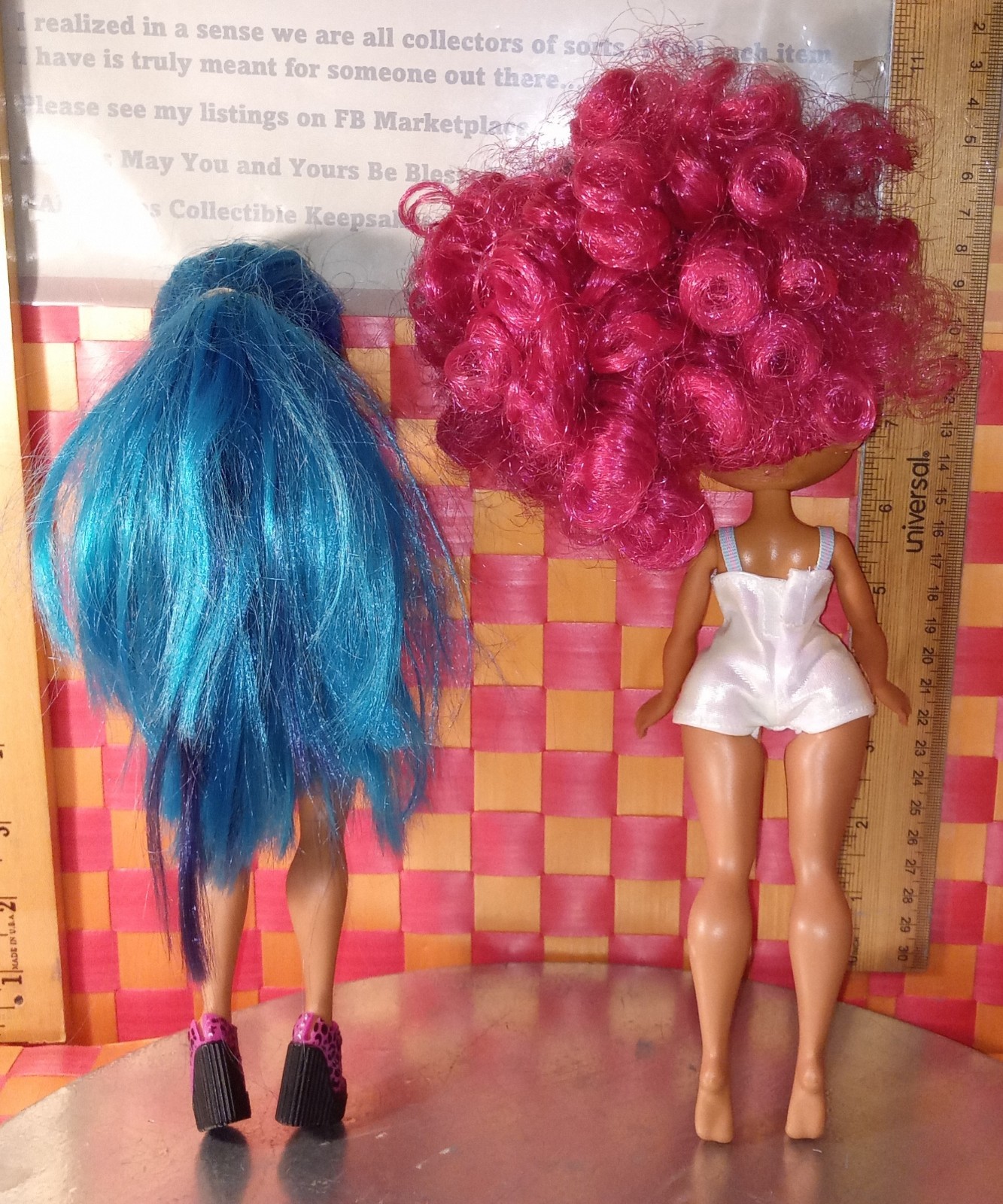 Dolls, OMG, Girl with blue hair and Girl in white outfit (UK), both 2019, 10″h b