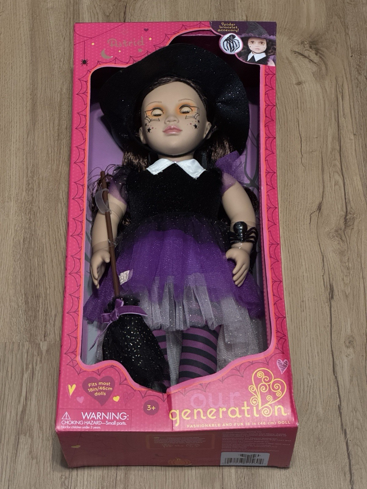 Our Generation Astrid 18in Halloween Special Edition Doll Set w/ Broom Hat COA