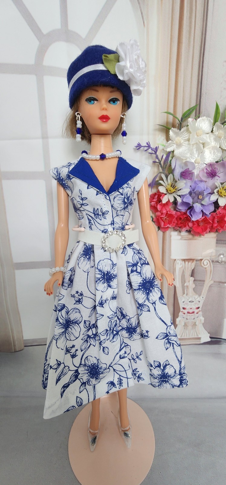 HANDMADE FOR BARBIE DOLL CLOTHES NAVY BLUE FLOWERS PRINT DRESS SET