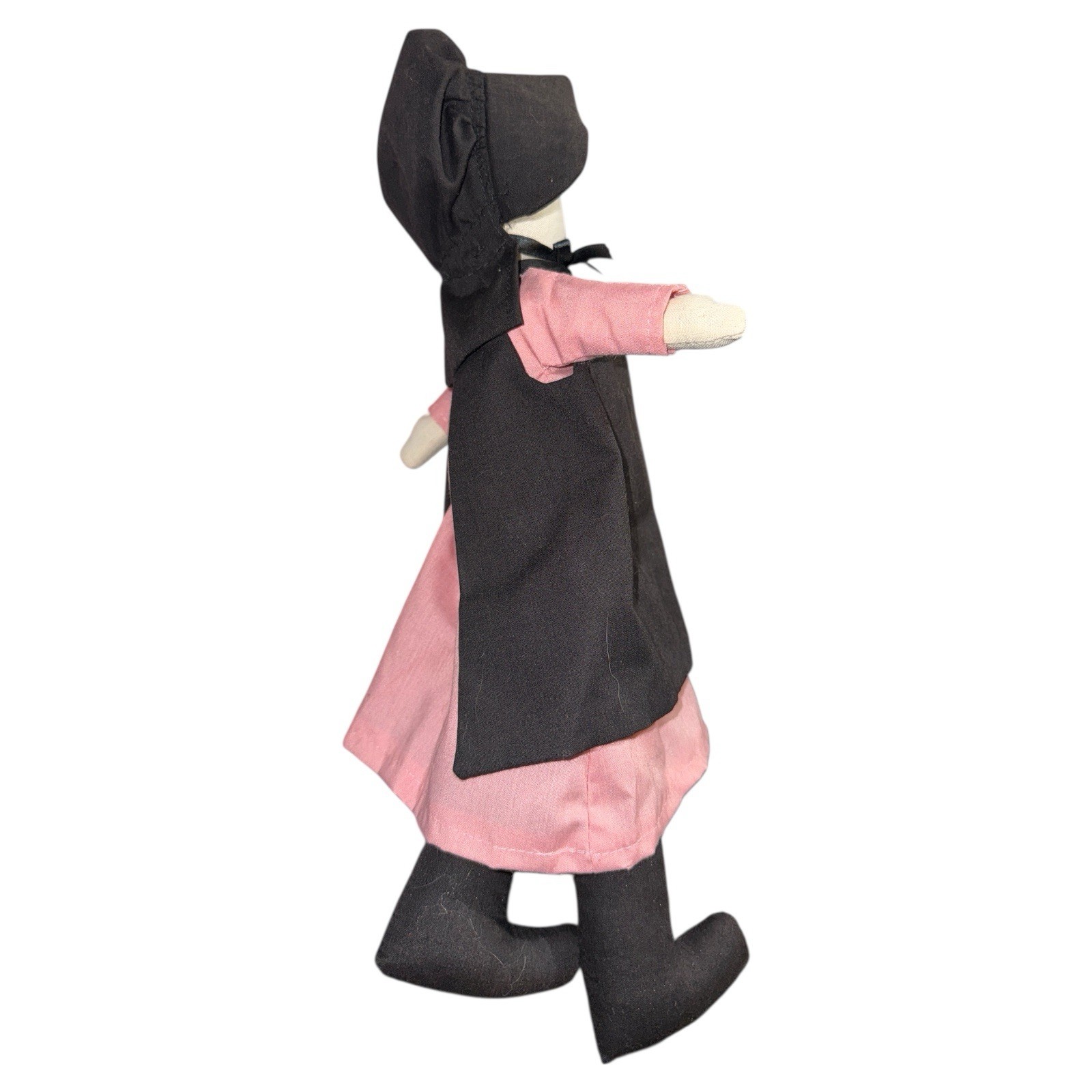 Plain Folks Amish Made Cloth Doll Faceless In Pink & Black Dress w/Cap