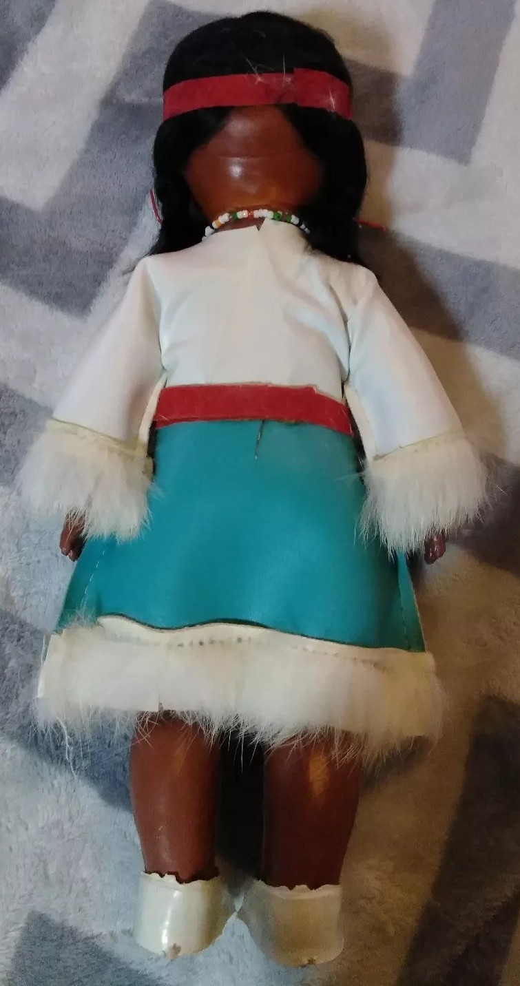NATIVE AMERICAN INDIAN PLASTIC DOLL – Blue Beaded Dress Vtg 11 inches tall