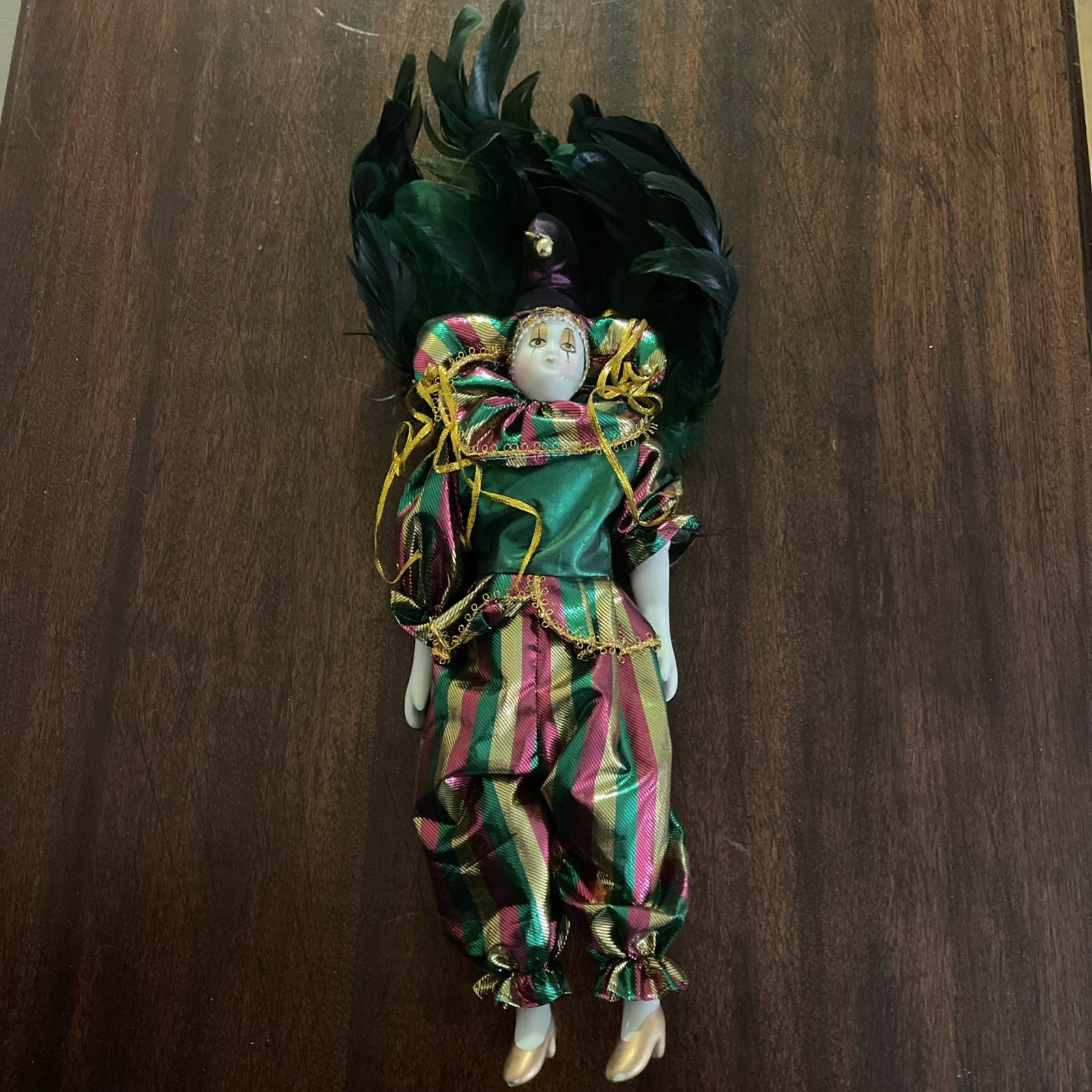 Mardi Gras Doll Harlequin Jester Doll w/Colorful Dress & Feather Plume 17”Tall