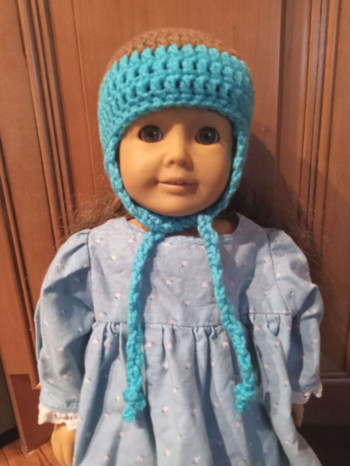 Brown And Sky Blue Hand Crochet Ear Flap Hat For The American Girl Doll
