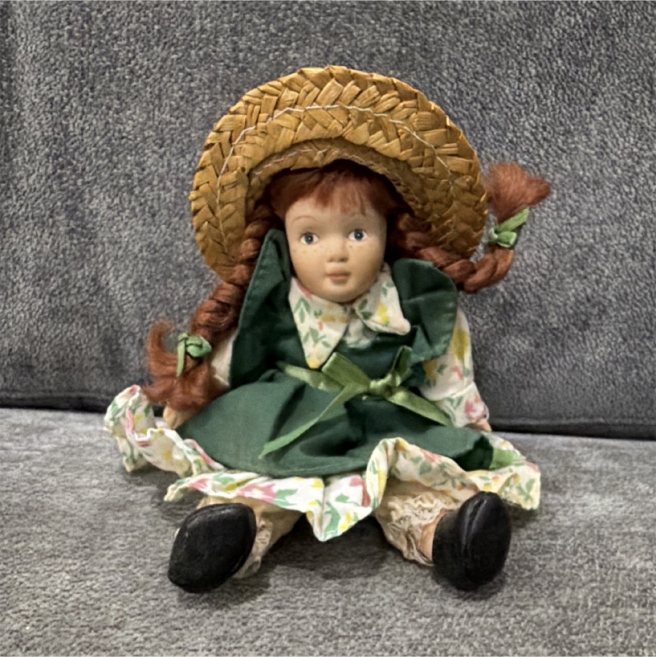 Porcelain Doll Brown Braided Hair Green Dress Straw Hat Cultures & Ethnicities
